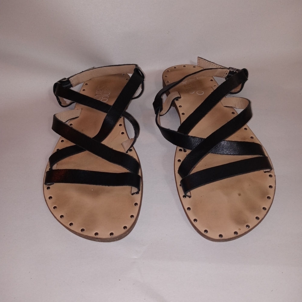 Franco Sarto Black Beige Strappy Flat sandals Buckle ankle strap Stud accents 8